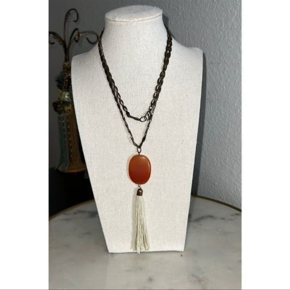 Pendant Necklace acrylic bronze color chain tassel rustic oranges 19.5”